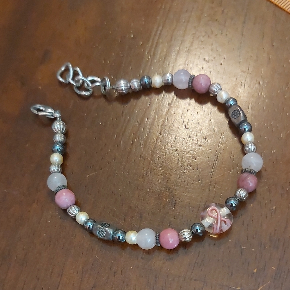 Mixed Media Bead Bracelet Natural Stones Silver Tone Metal Breast Cancer Ribbon